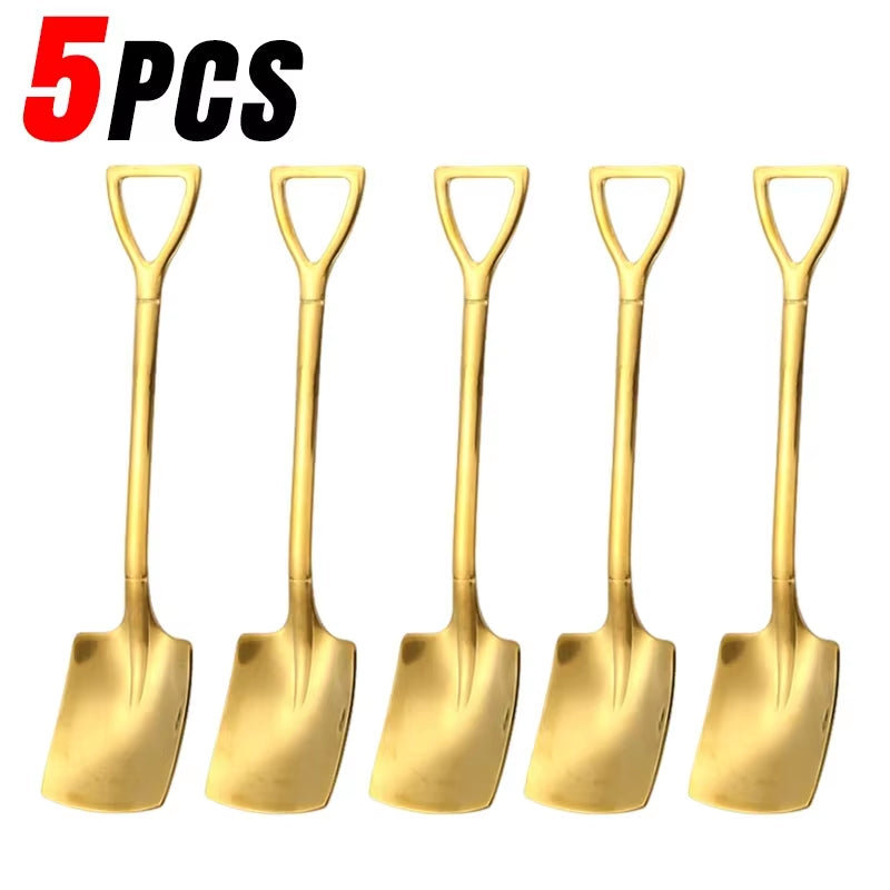 Stainless Steel Shovel Spoons Gold Silver Mini Coffee Teaspoon Fruit Ice Cream Dessert Spoon Scoops Kitchen Tableware Set 20/2Pc