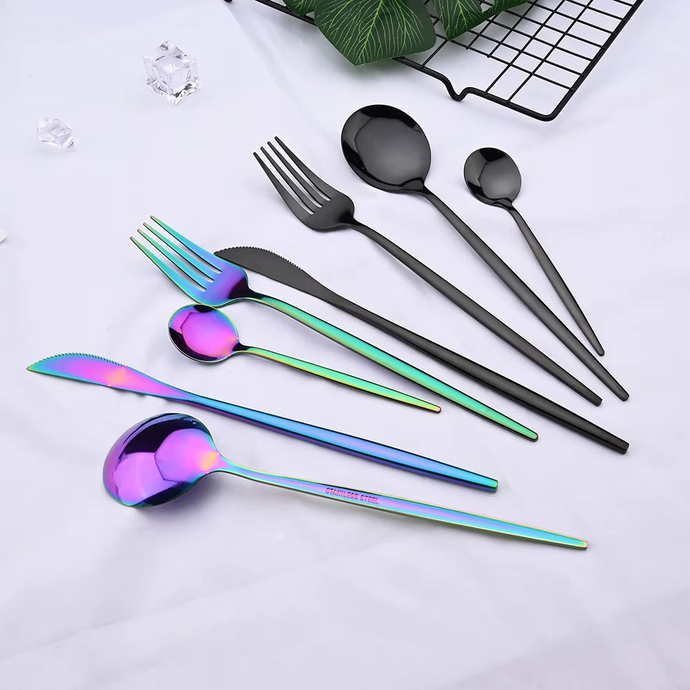 24Pcs Black Western Dinnerware Set Stainless Steel Cutlery Set Fork Knife Spoon Tableware Set Flatware Set Silverware Set