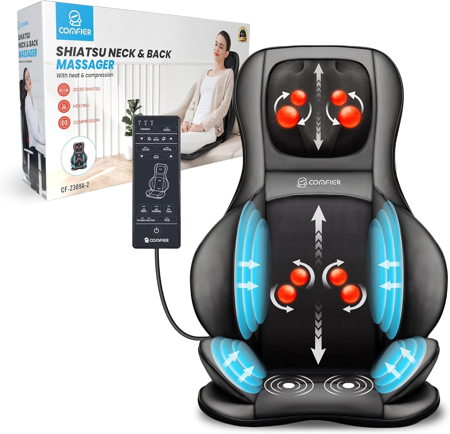 Shiatsu Neck Back Massager with Heat, 2D Ro 3D Kneading Massage Chair Pad, Adjustable Compression Seat Massager for Full Body Relaxation, Christmas Gifts for Dad Mom Women Men,Dark Gray