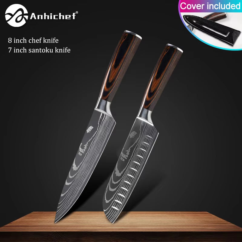 Professional Kitchen Knives Stainless Steel 7CR17 440C Laser Damascus Japanese Santoku Cleaver Slicing Utility Chef Knife Set