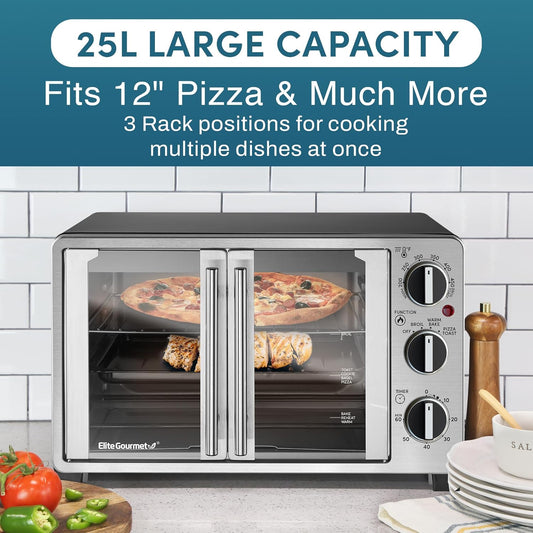 ETO2530M Double French Door Countertop Toaster Oven, Bake, Broil, Toast, Keep Warm, Fits 12" Pizza, 25L Capacity, Stainless Steel & Black