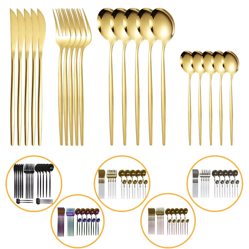 24Pcs Gold Dinnerware Set Stainless Steel Cutlery Set Mirror Silverware Knife Fork Spoon Tableware Flatware Set Dishwasher Safe