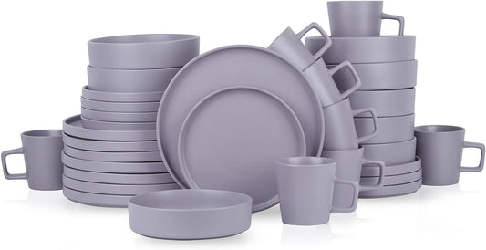 Cleo Stoneware 32-Piece round Dinnerware Set, Light Gray,Service for 8,Coupe - Celina