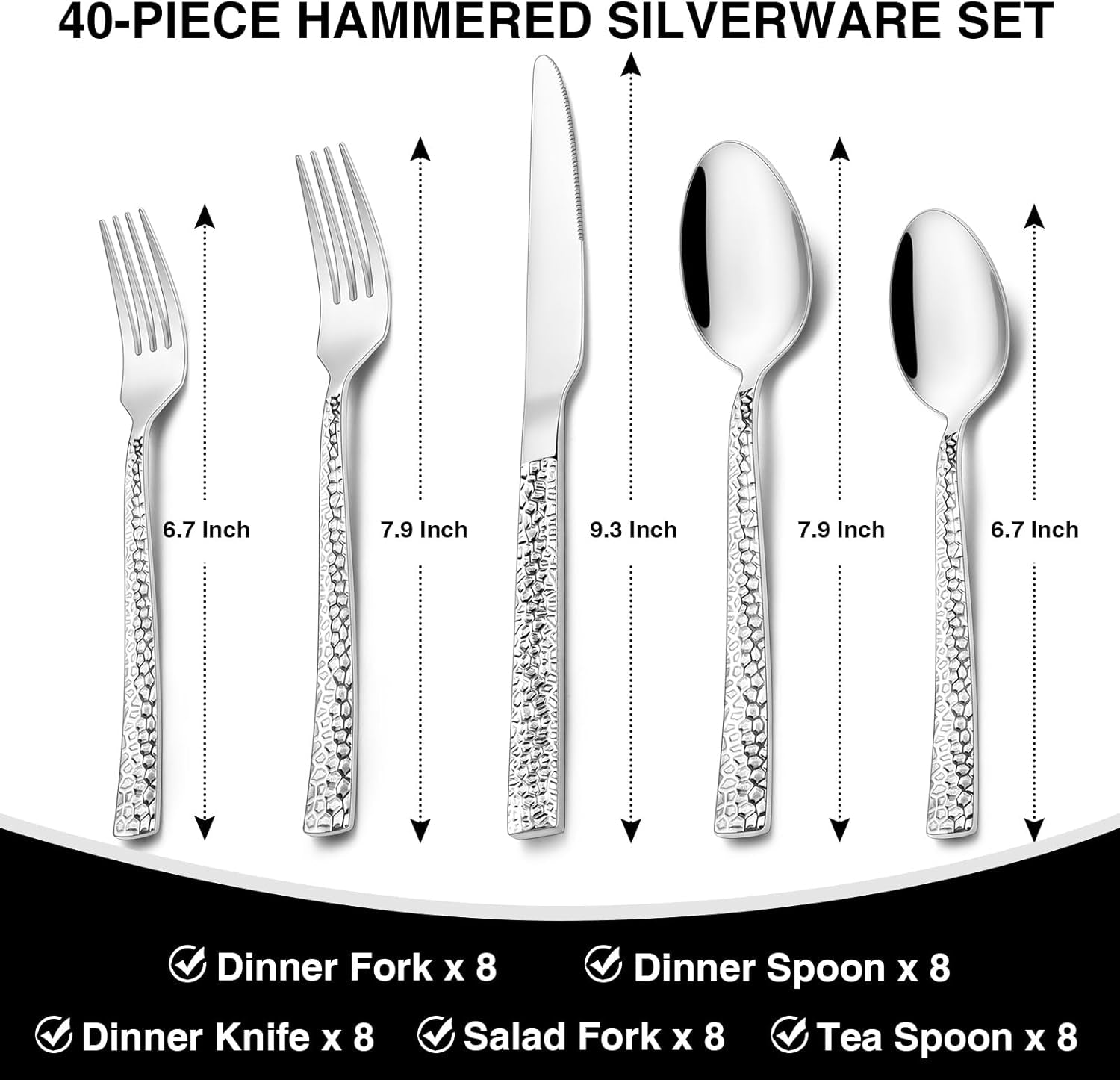 Hammered Silverware Set, 40-Piece Stainless Steel Square Flatware Set for 8, Food-Grade Tableware Cutlery Set, Utensil Sets for Home Restaurant, Mirror Finish, Dishwasher Safe