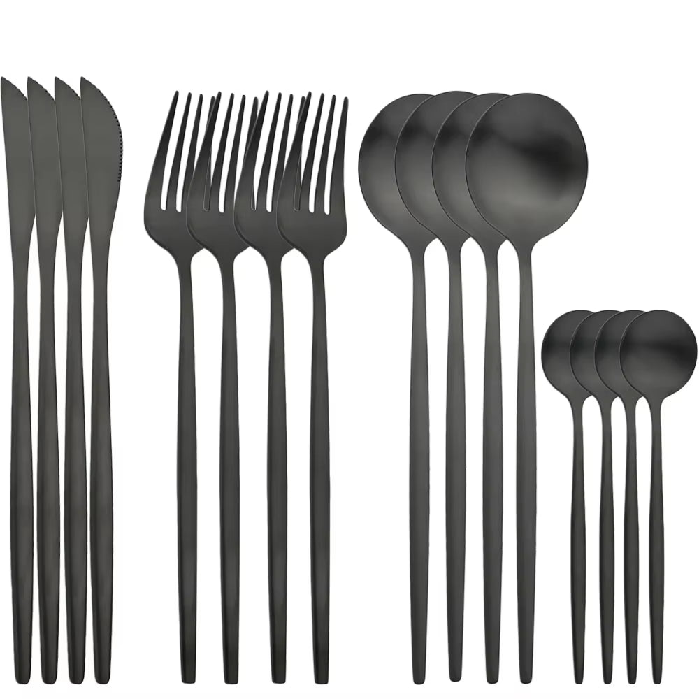 16Pcs Matte Tableware Set Knife Fork Spoons Black Dinnerware Set Stainless Steel Cutlery Western Flatware Kitchen Silverware Set