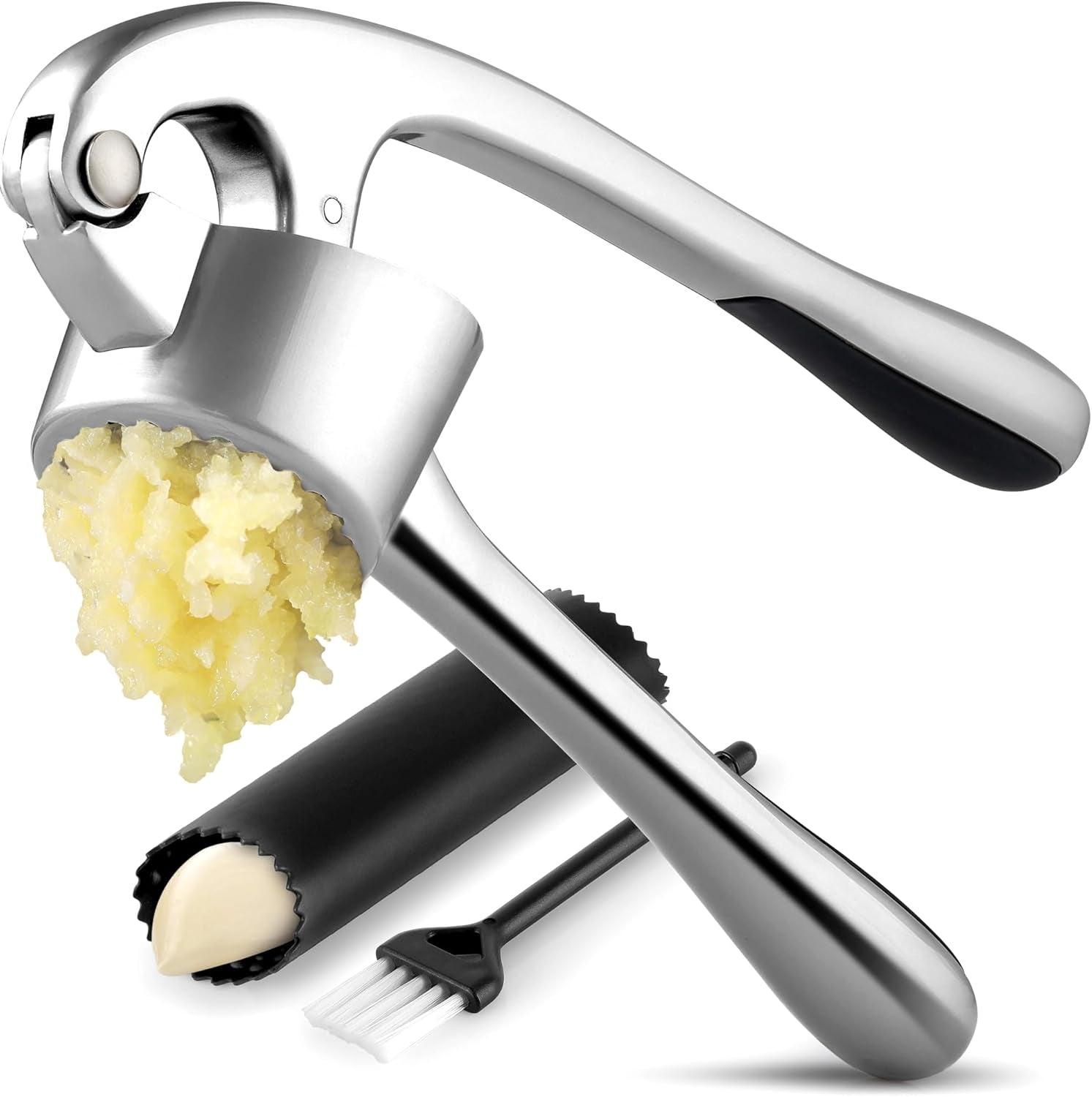 Premium Garlic Press Set - Rust Proof & Dishwasher Safe Professional Garlic Mincer Tool - Easy-Squeeze, Easy-Clean with Soft, Ergonomic Handle - Silicone Garlic Peeler & Brush (Silver)