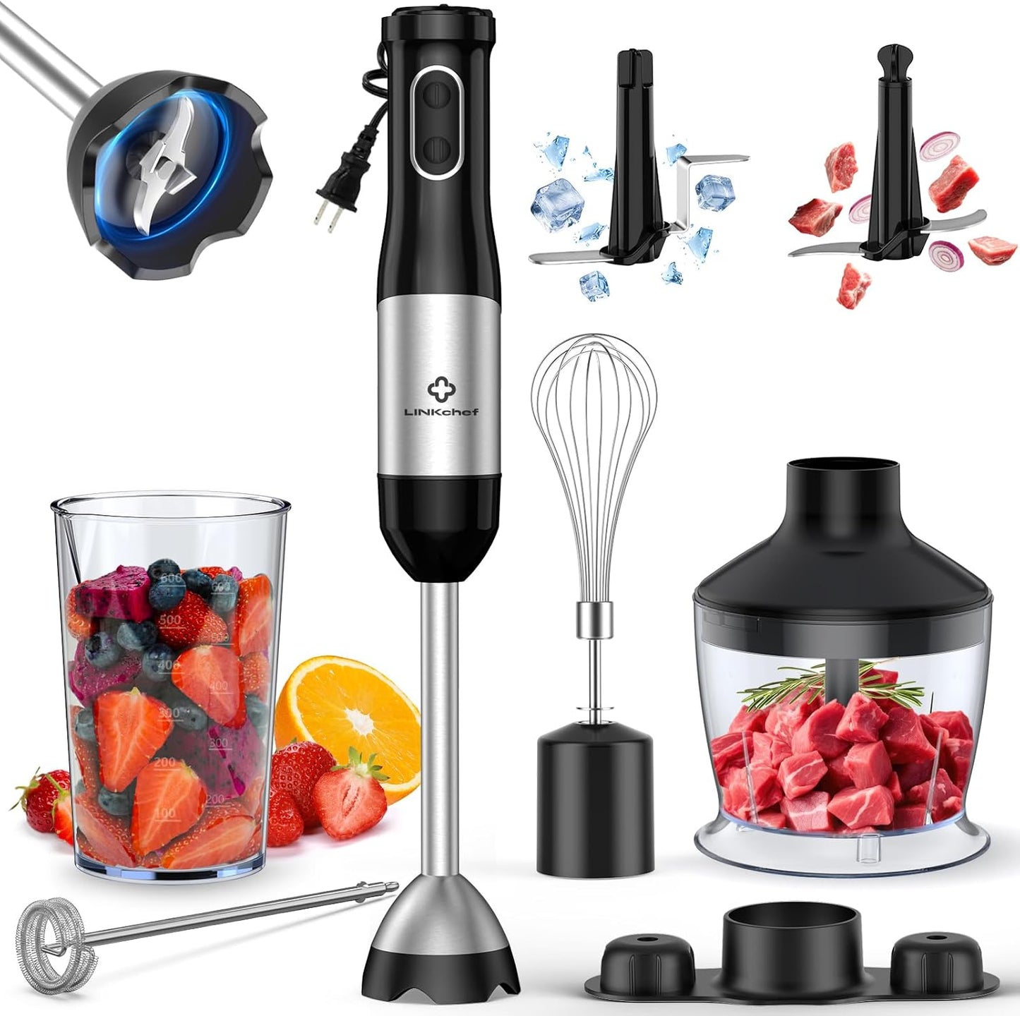 7 in 1 Immersion Blender Scratch Resistant, 2 Titanium Steel Blades 800W Hand Blender, 20 Speed and Turbo Mode Stick Blender Immersion with Whisk, Milk Frother, Food Processor, Beaker