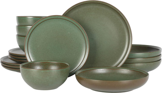 Beckett Stoneware Matte Reactive Glaze 16 Piece (Service for 4) Plates and Bowls Dinnerware Set - Green