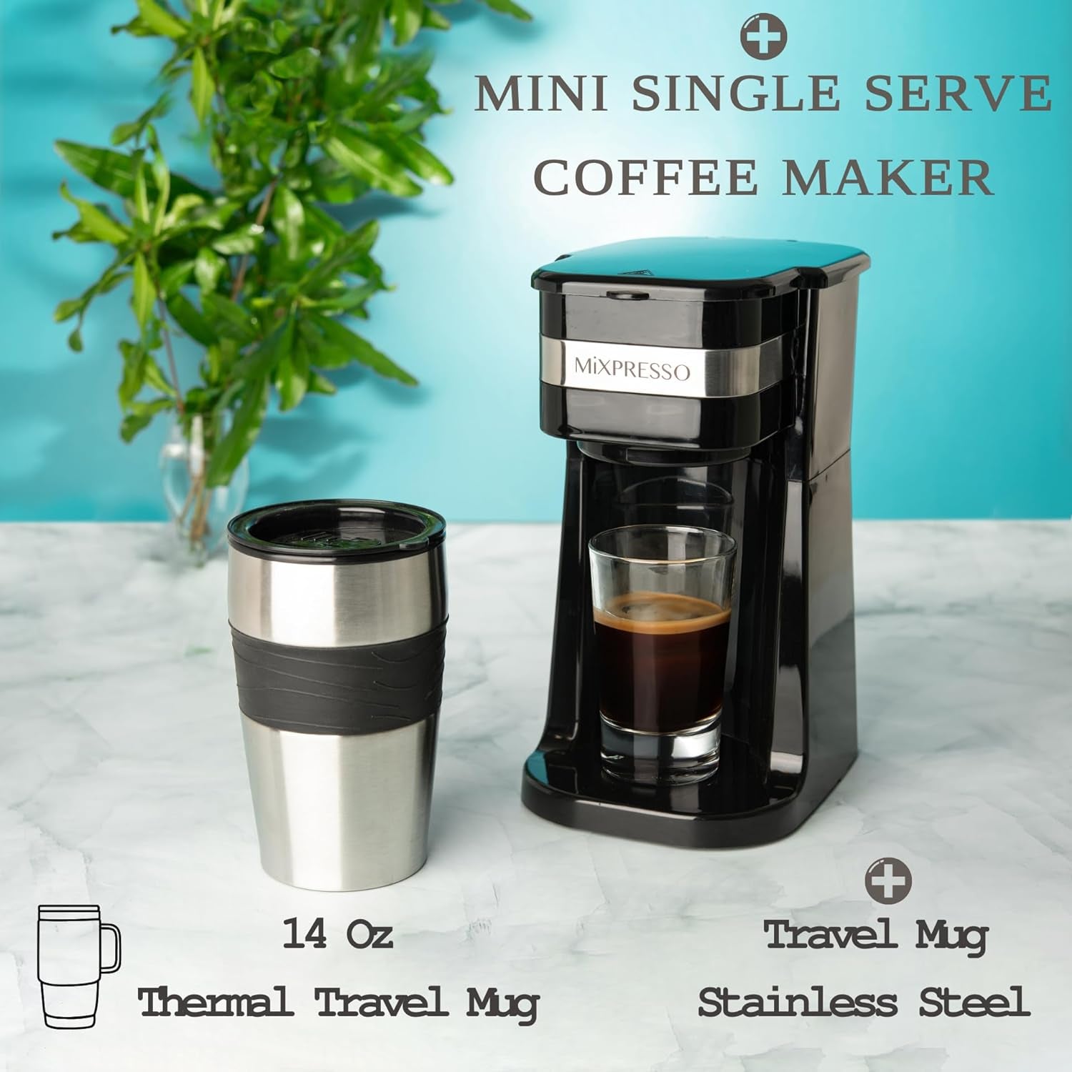 Personal Single Serve Coffee Maker & 14Oz Travel Mug, Drip Small Coffee Maker & Tumbler, Auto Shut off & Reusable Filter, Compatible with Coffee Grounds