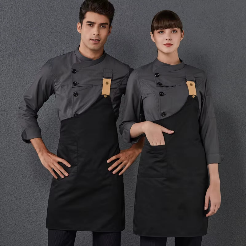 Men'S Kitchen Jacket Restaurant Unisex Chef Uniform Women Work Wear Cook Costume Long Shirt Cook'S Clothes Kitchen Uniform Apron