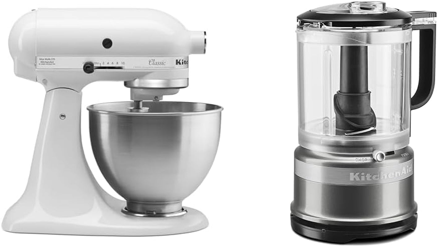 Classic Series 4.5 Quart Tilt-Head Stand Mixer K45SS, White & 5 Cup Food Chopper - KFC0516, Contour Silver