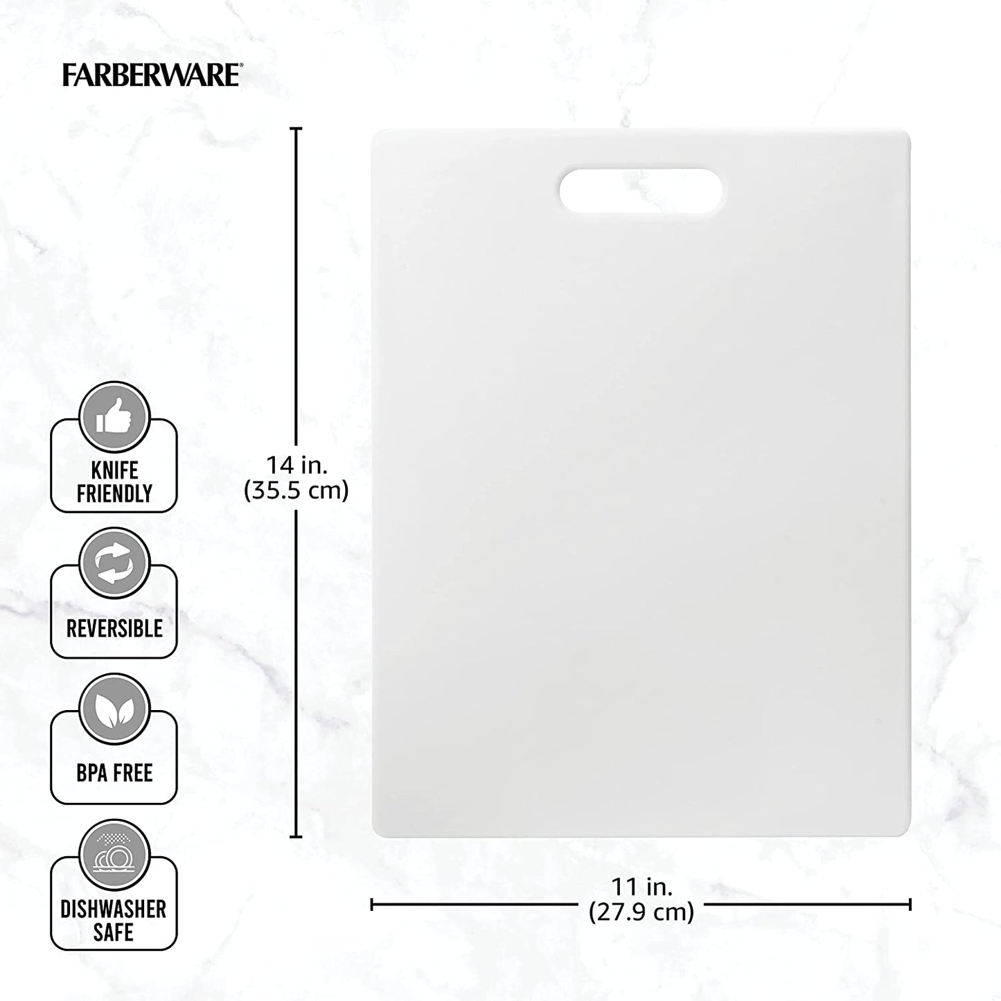 Large Cutting Board, Dishwasher- Safe Plastic Chopping Board for Kitchen with Easy Grip Handle, 11-Inch by 14-Inch, White