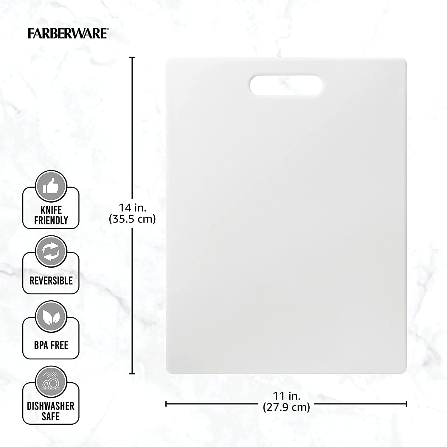 Large Cutting Board, Dishwasher- Safe Plastic Chopping Board for Kitchen with Easy Grip Handle, 11-Inch by 14-Inch, White