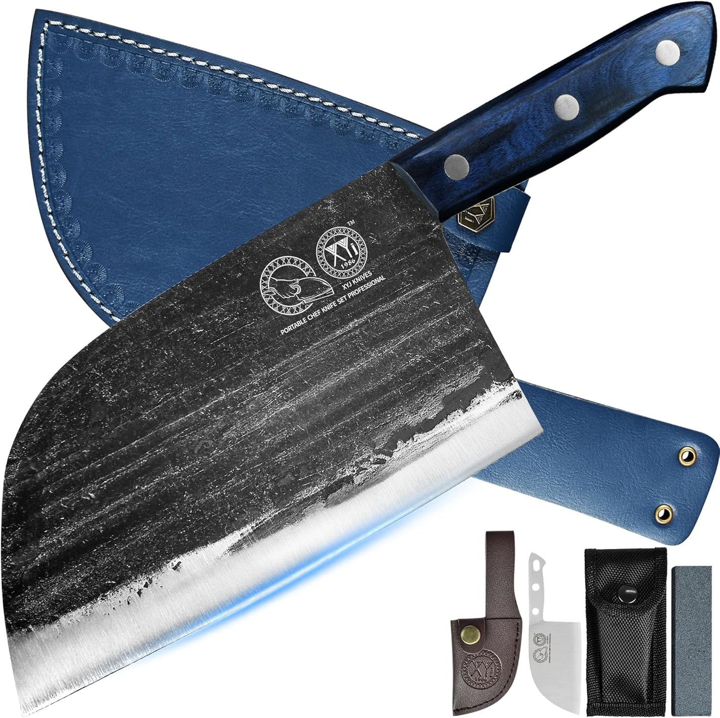 Authentic since 1986,Outstanding Ancient Forging,6.7 Inch Full Tang,Serbian Chefs Knife,Chef Meat Cleaver,Kitchen Knives,Set with Leather Sheath,Take Carrying,Butcher