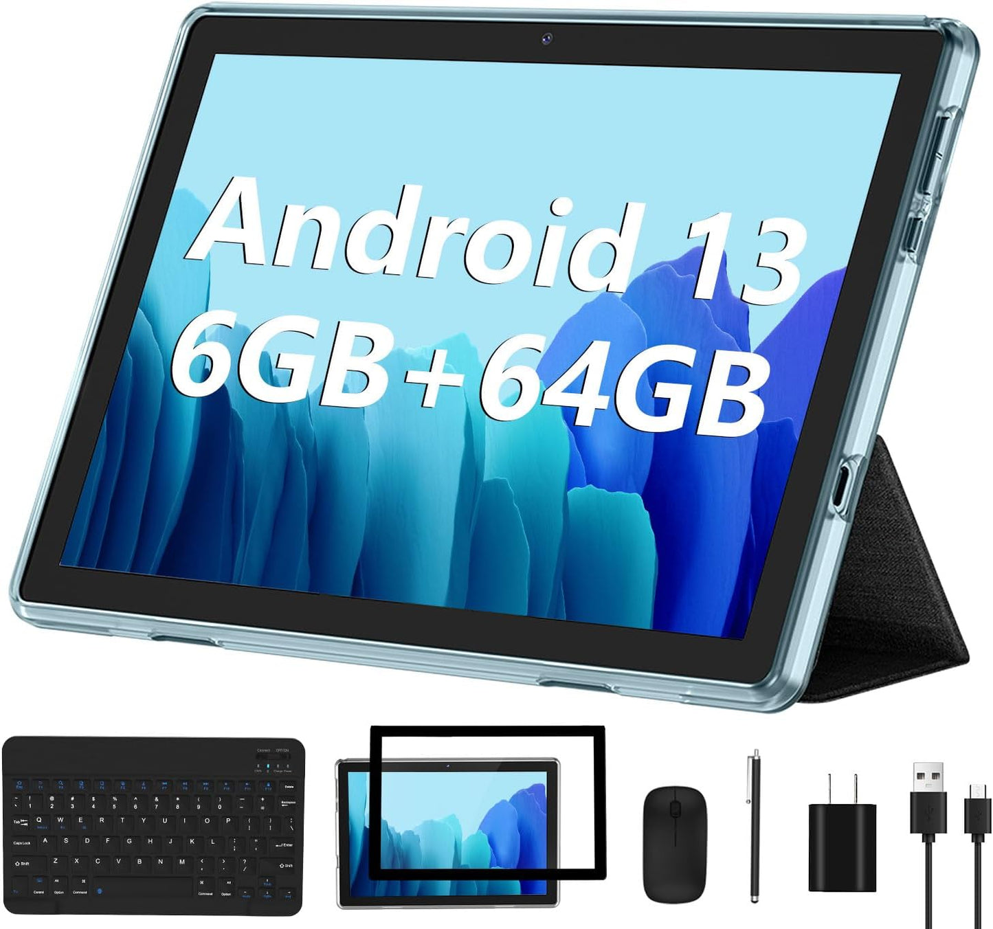 Android 13 Tablet 2023 New 10 Inch Tablets with 6GB RAM + 64GB ROM +1TB Expanded Ouad-Core,2 in 1 Tablet with Keyboard Mouse Wifi 6 Bluetooth,Gms Certified IPS Touch Screen Tablet - Silvery Set