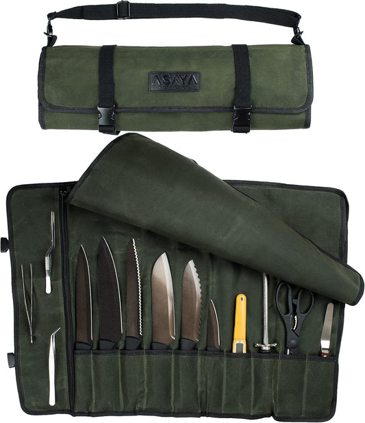 Canvas Chef Knife Roll Bag - 10 Knife Slots and a Large Zipper Pocket - Durable 10Oz Canvas Knife Case with an Adjustable Shoulder Strap - Knives Not Included (Forest Green)