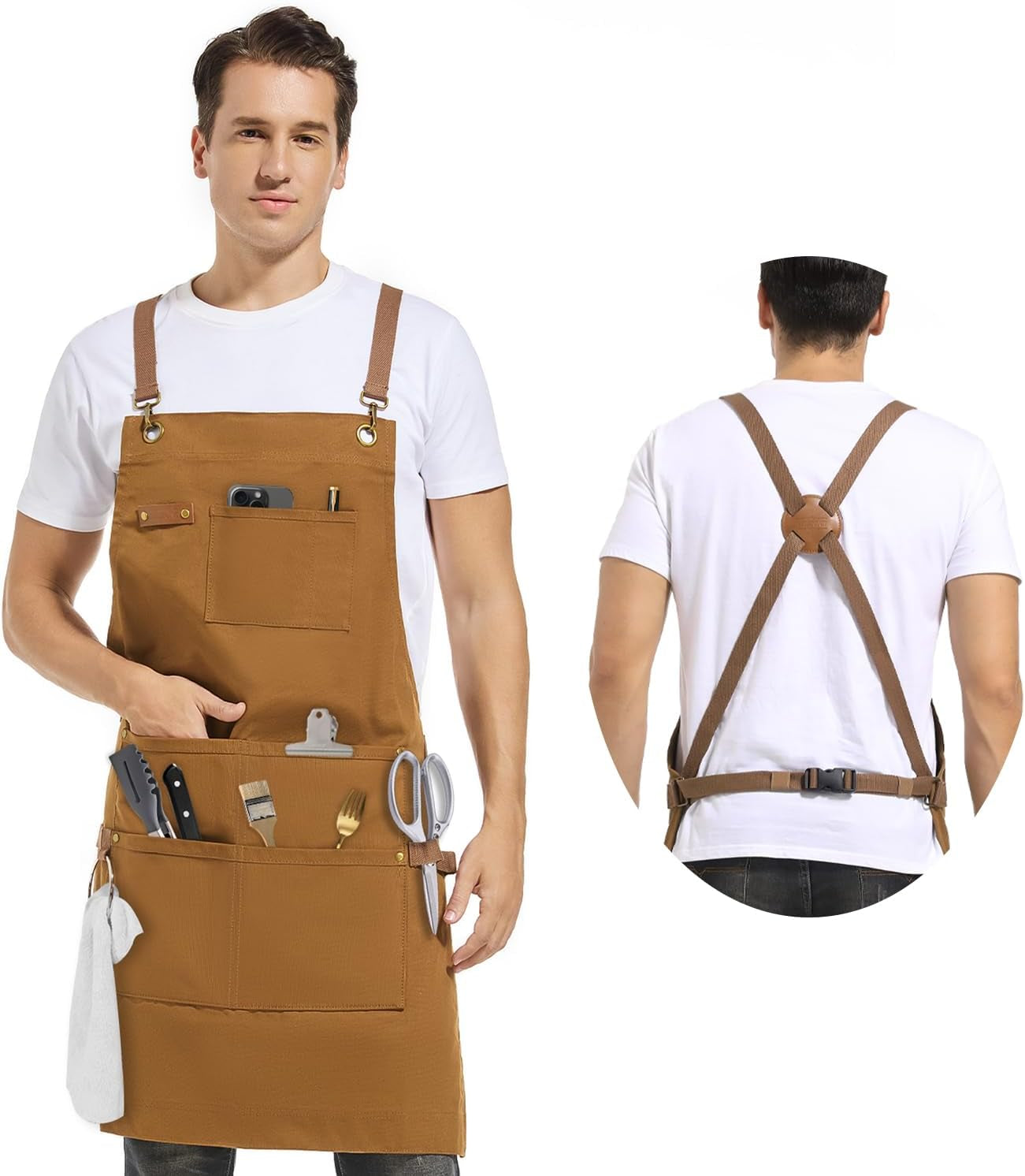 Chef, BBQ and Work Apron, 100% Cotton Canvas Large Apron with Pockets Grade Chef Apron for Kitchen, Grill and Cook