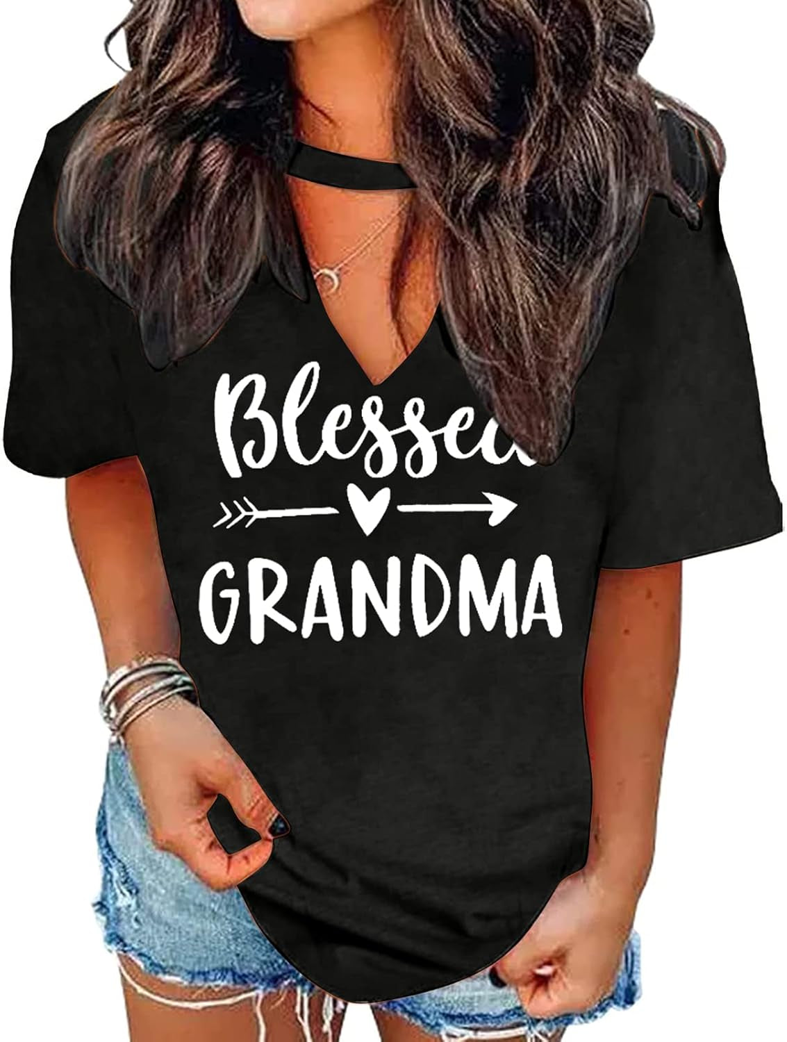 Blessed Grandma Shirt Funny Cute Graphic Tees Women Letter Print T-Shirt Casual Short Sleeve Tops