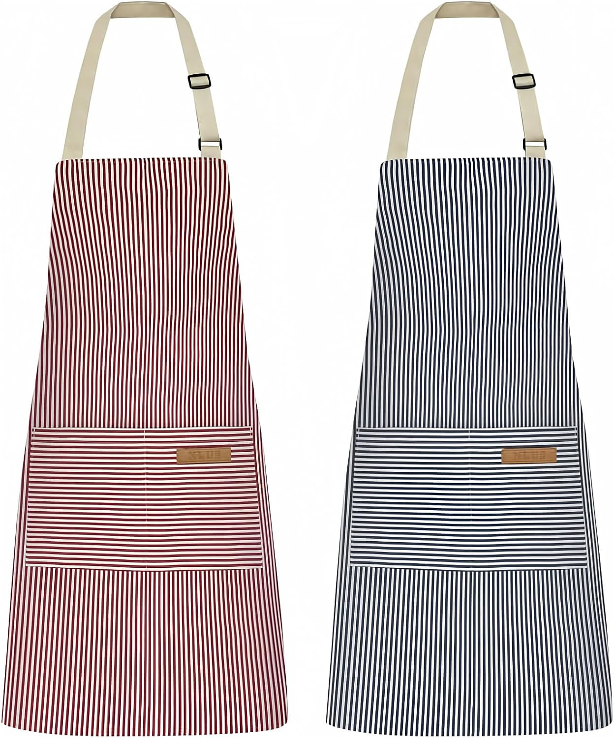 2 Pack Kitchen Cooking Aprons, Adjustable Bib Soft Chef Apron with 2 Pockets for Men Women(Black/Brown Stripes)