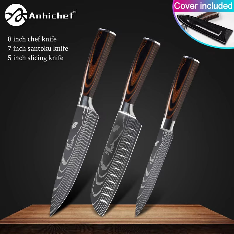 Professional Kitchen Knives Stainless Steel 7CR17 440C Laser Damascus Japanese Santoku Cleaver Slicing Utility Chef Knife Set