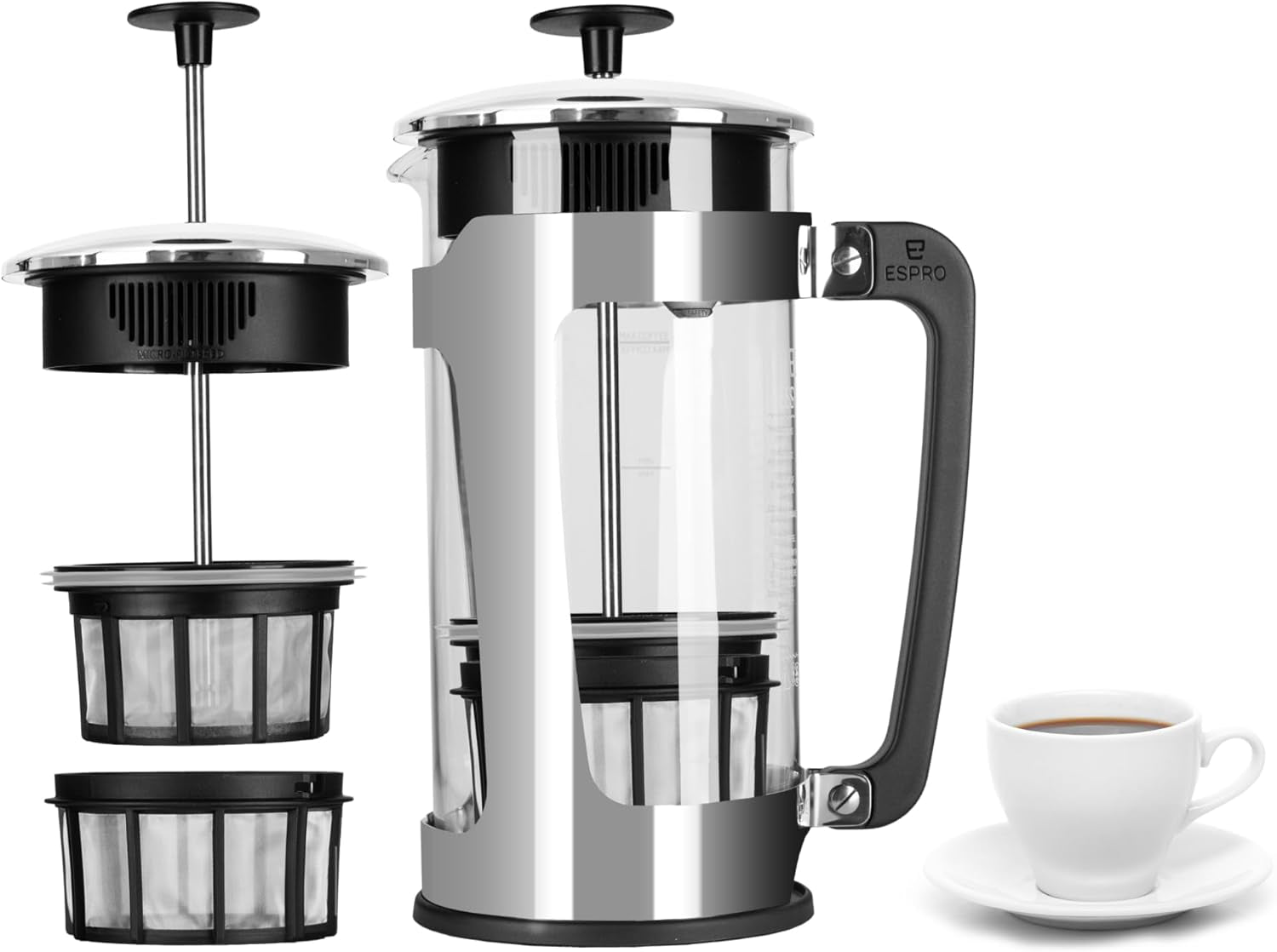 - P3 French Press - Double Micro-Filtered Coffee and Tea Maker, Grit-Free and Bitterness-Free Brews, Ideal for Loose Tea and Coffee Grounds - (Black, 32 Oz)