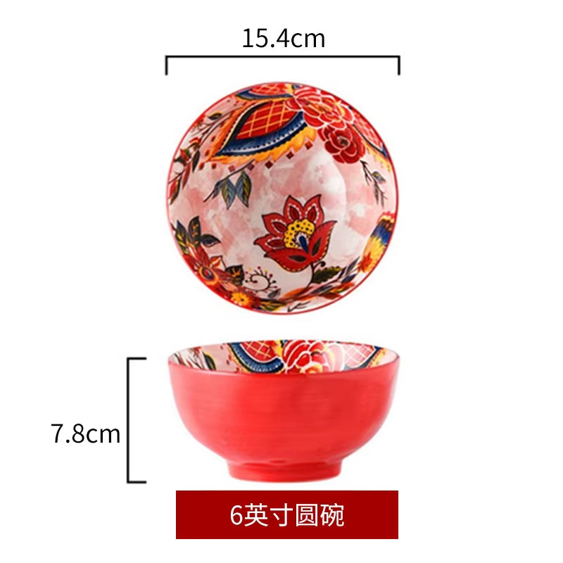 Ceramic Colorful Flower Dinner Plate Set Under-Glazed Retro Dinner Dishes Dinnerware Household Bowl Bakeware Flower Tableware