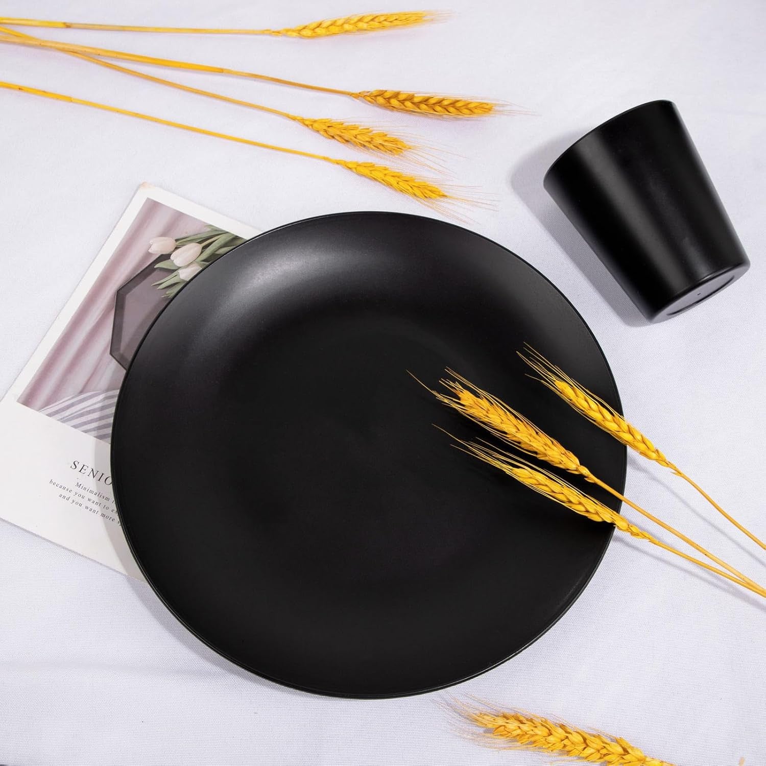 32Pcs Black Wheat Straw Dinnerware Sets with 25Pcs Linen Napkins,Plates and Bowls Sets for 8,Black Plastic Dinnerware Sets, Microwave Dishwasher Safe Plates, Dishes Set for 8 for Halloween