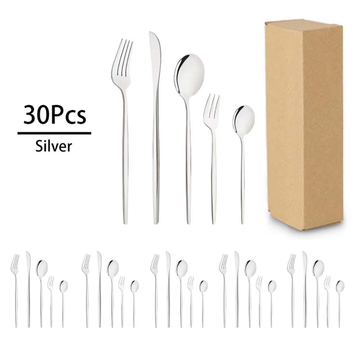 30Pcs Shining Dinnerware Tableware Set Knife Cake Fork Teaspoon Cutlery Set Stainless Steel Flatware Party Restaurant Silverware