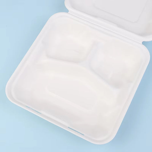 10Pcs Compostable Disposable 10 Pack 3 Compartment Takeout Lunch Box Containers with Lid to Go Take Out Clamshell for Food