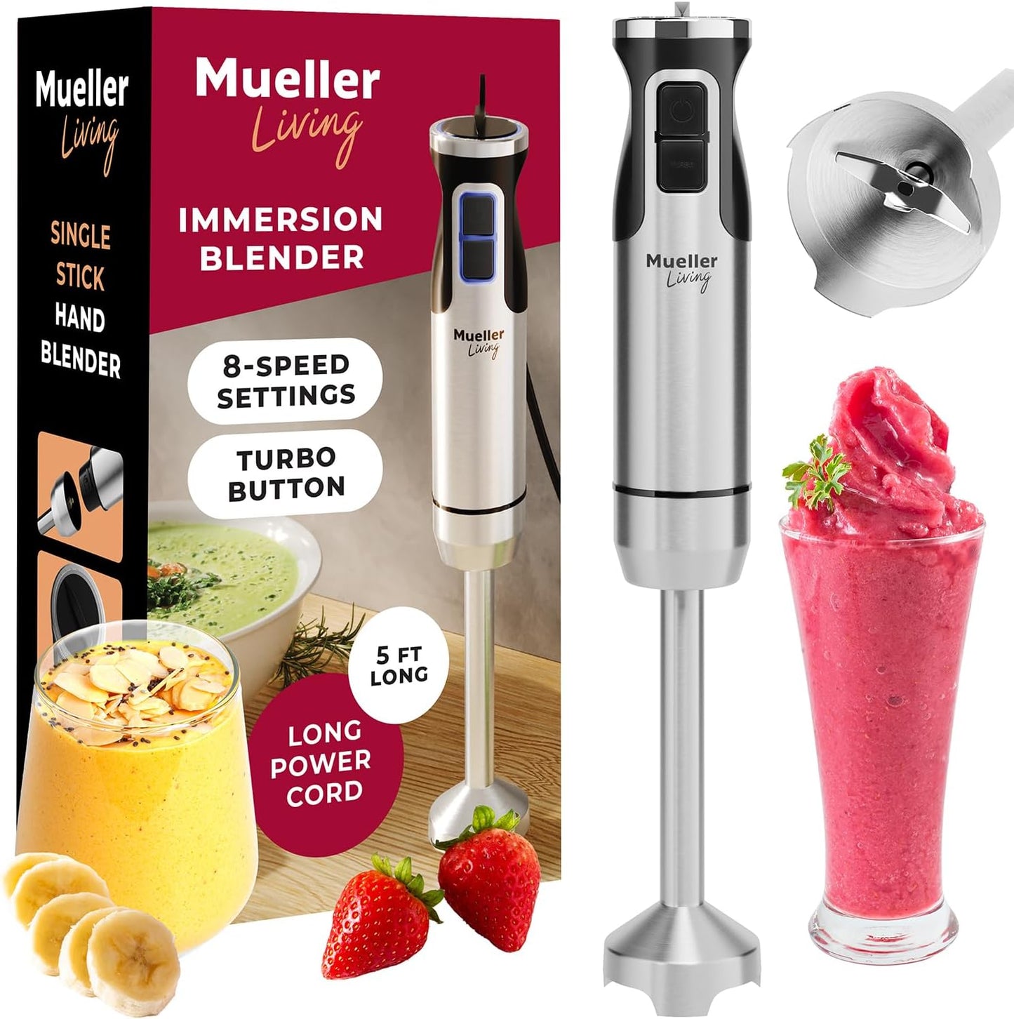 living Immersion Hand Blender Full Set - 8 Speed Immersion Blender, Hand Mixer with 7 Attachments: Stainless Steel Blade, Whisk, Milk Frother, Beater, Mixing Hooks, Potato Masher, Chopper Bowl