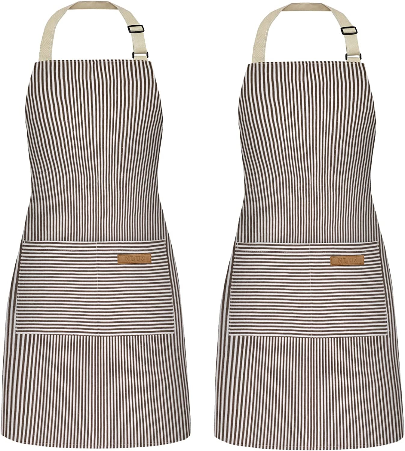 2 Pack Kitchen Cooking Aprons, Adjustable Bib Soft Chef Apron with 2 Pockets for Men Women(Black/Brown Stripes)