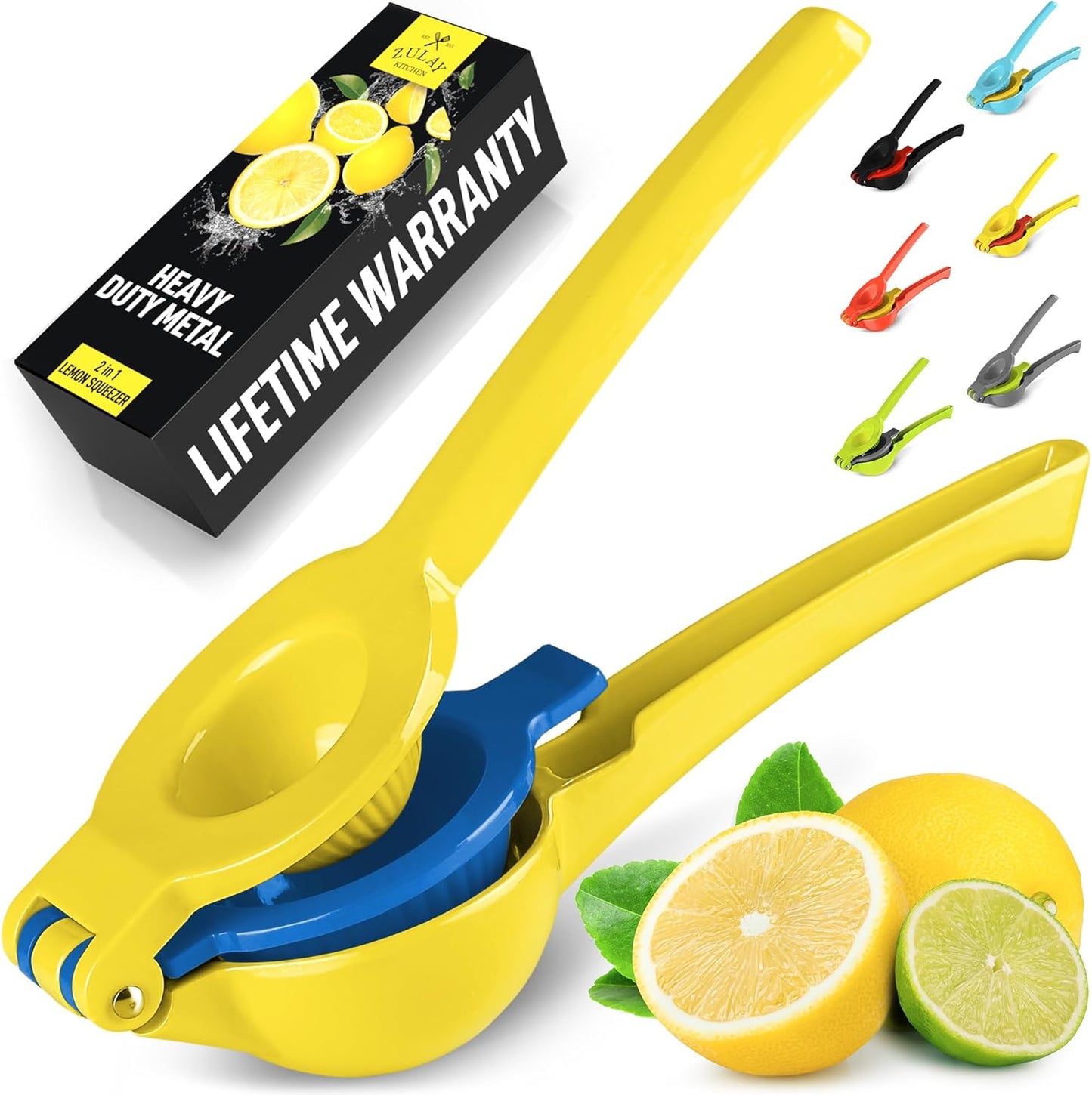 Zulay Metal 2-In-1 Lemon Squeezer Manual - Sturdy, Max Extraction Hand Juicer Lemon Squeezer Gets Every Last Drop - Easy to Clean Manual Citrus Juicer - Easy-To-Use Lemon Juicer Squeezer - Blue/Yellow