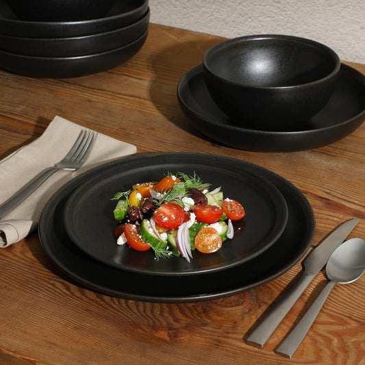 Beckett Stoneware Matte Reactive Glaze 16 Piece (Service for 4) Plates and Bowls Dinnerware Set - Black