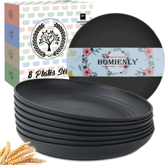 Deep Dinner Plates Set of 8 Alternative for Plastic Plates Microwave and Dishwasher Safe Wheat Straw Plates for Kitchen Unbreakable Kids Plates (Black, 9 Inch)