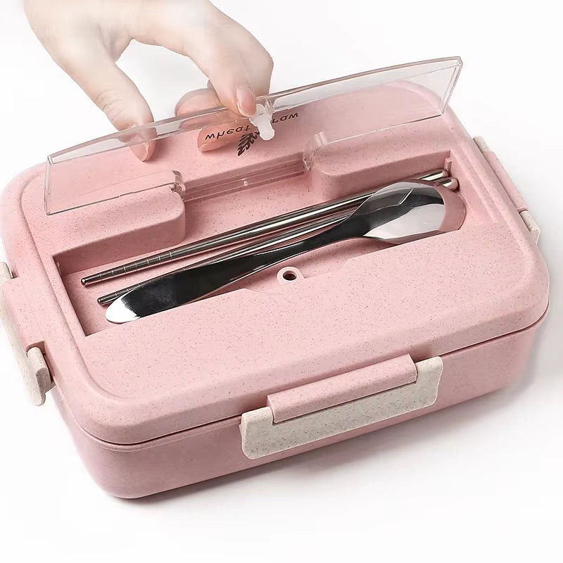 Microwave Lunch Box Wheat Straw Dinnerware with Spoon Chopsticks Food Storage Container Children Kids School Office Bento Box