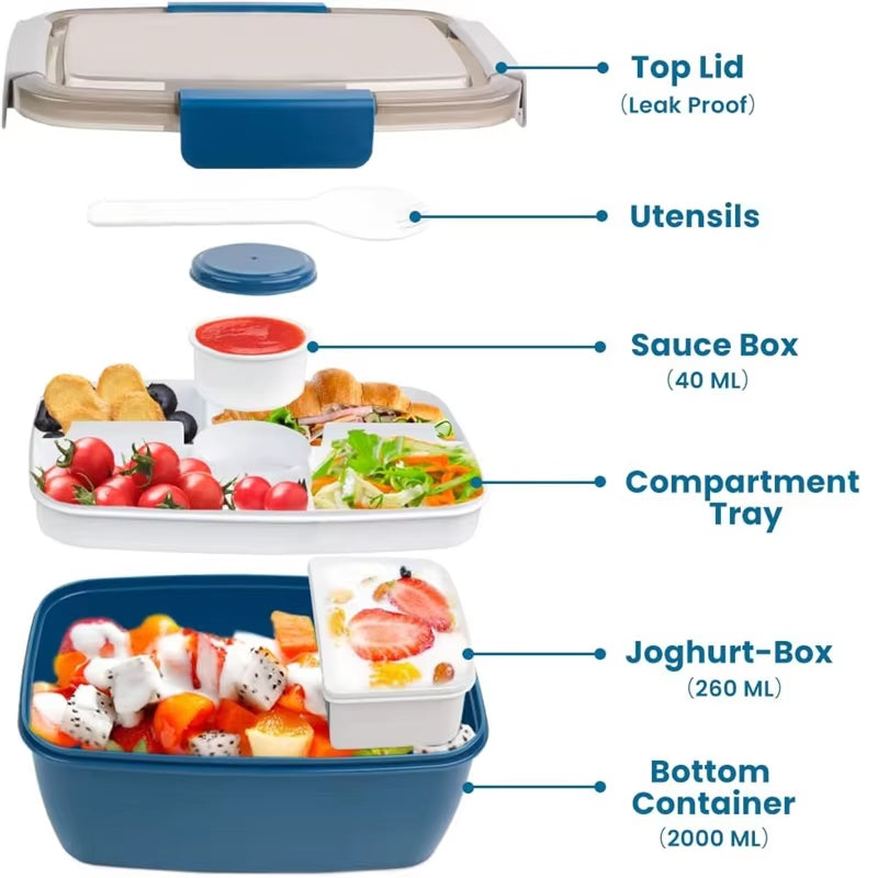 Large Microwave Safe Bento Box Big Salad Food Container 4 Compartment Tray Bpa-Free Lunch Box Salad Bowl with Dressing Container