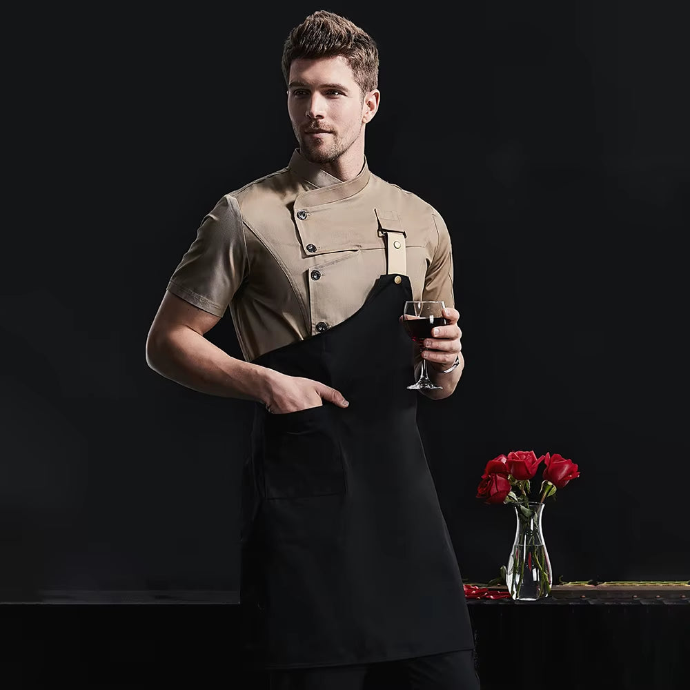 Khaki Chef Uniform Catering Workwear Head Chef Shirts Cooking Coat Chef Jacket Summer Restaurant Barber Shop Waiter Shirt Apron