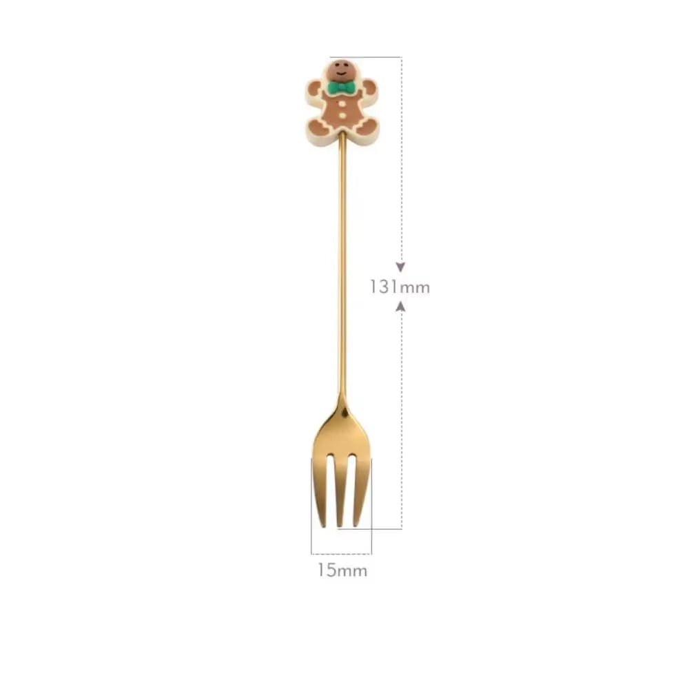 Christmas Spoons Forks Set Stainless Steel Gold Silver Coffee Spoons Cute Elk Christmas Tree Gingerbread Man Salad Dessert Fork