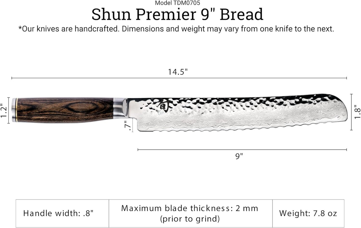 Premier 9" Bread Knife, Handcrafted Japanese Serrated Knife, VG-MAX Core with Damascus Stainless Steel Cladding, Pakkawood Handle, Slicing Knife for Professional and Home Chefs