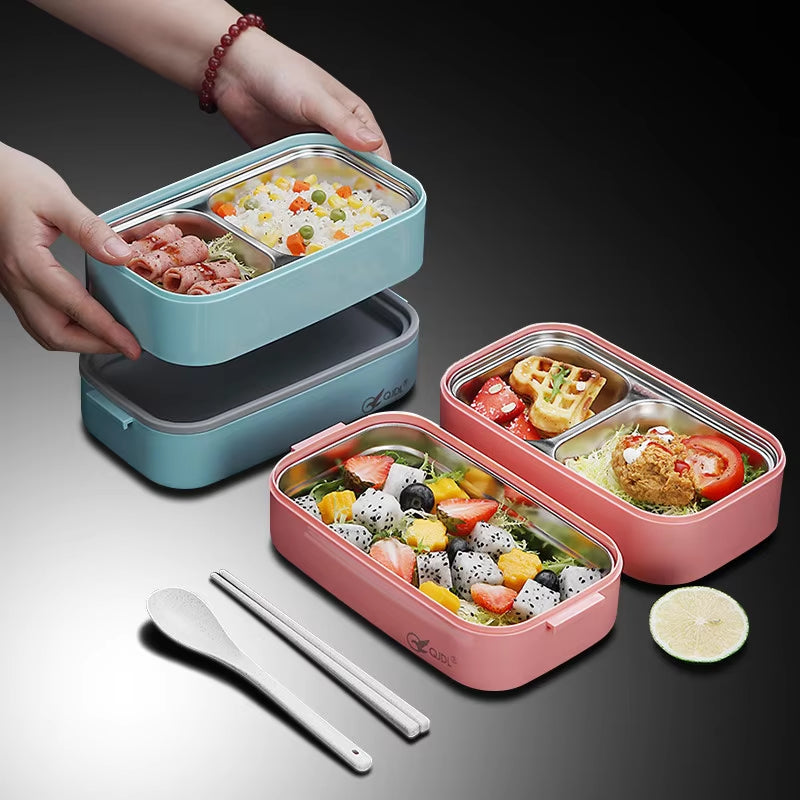 304 Stainless Steel Lunch Box for Adults Kids School Office 1/2 Layers Microwavable Portable Grids Bento Food Storage Containers